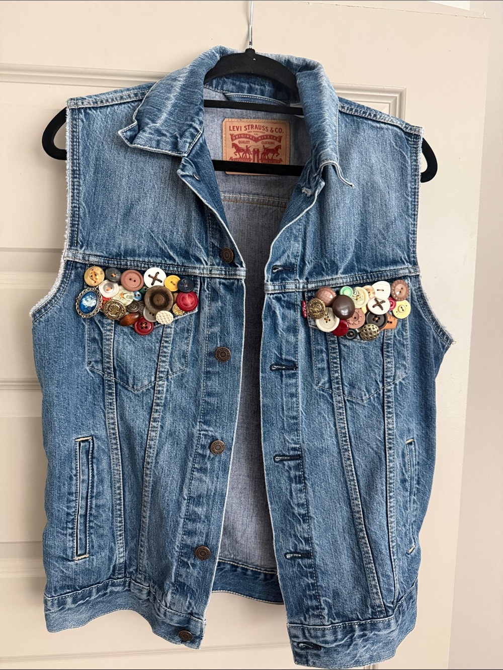 Unicycled Levi's Light Blue Denim Vest with Colorful Button Accents & Cyanotypes